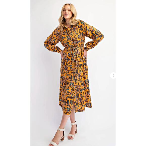 EASEL FLORAL PRINTED SHIRT DRESS WITH SPAGHETTI BELT Medium Long Sleeve - Picture 1 of 3